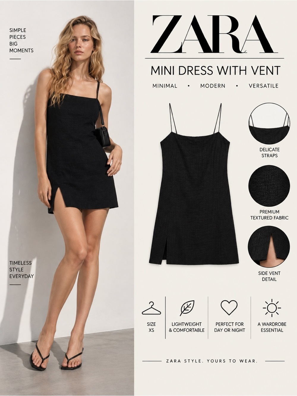 ZARA Black Spaghetti Strap Mini Dress with Side Vent XS NWT 6929/200